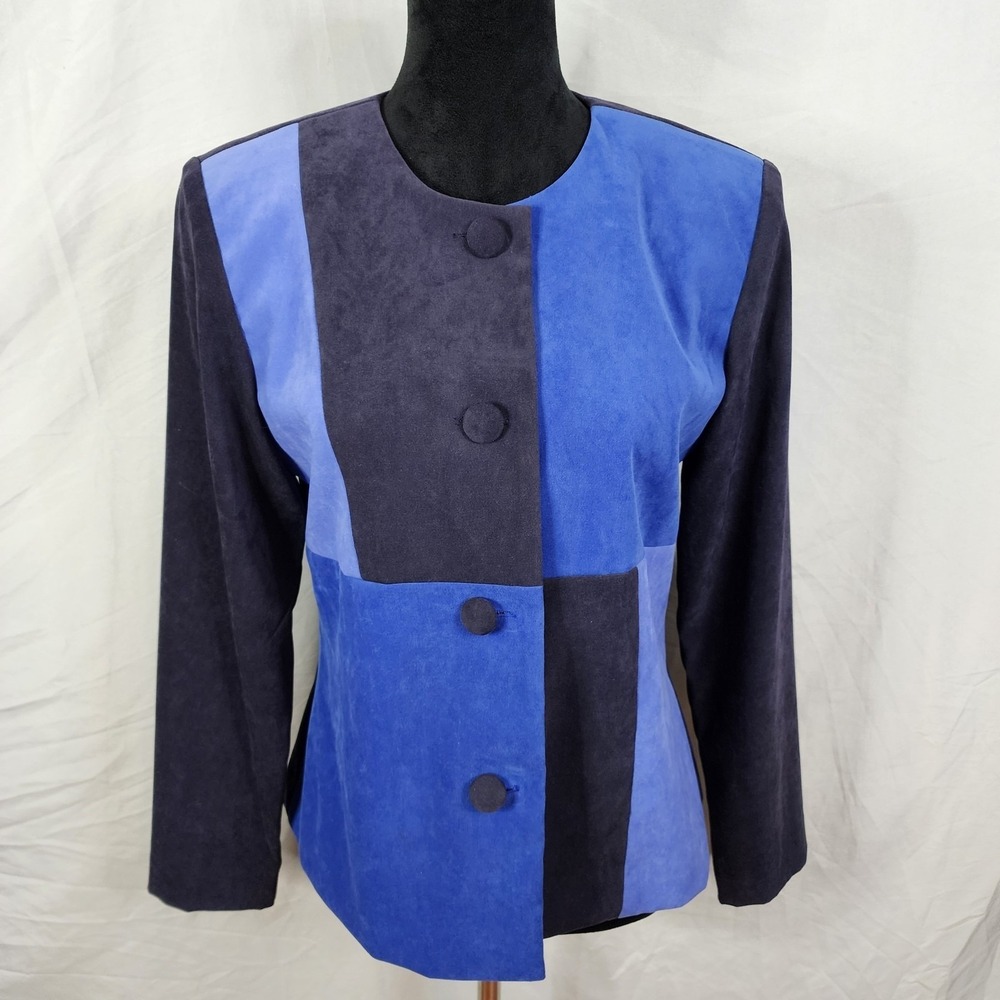 Vintage LESLIE FAY Size 8 Blue Colorblock 2pc Micro Suede Skirt Suit Collarless - Picture 3 of 14